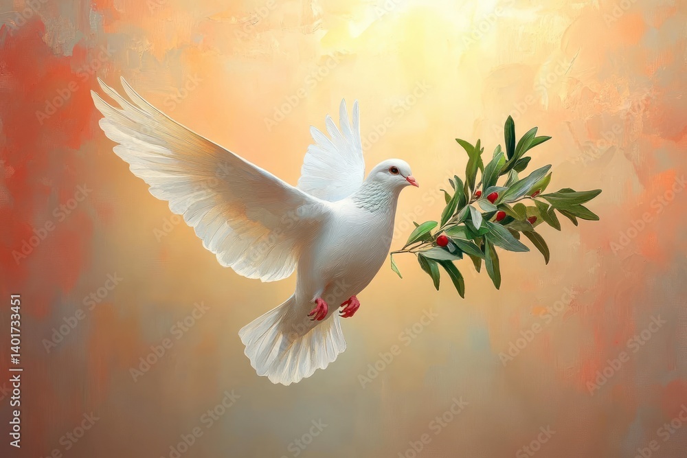 Fototapeta premium White Dove Olive Branch Pastel Sunset Flight Peaceful Freedom Faith Love Hope Nature