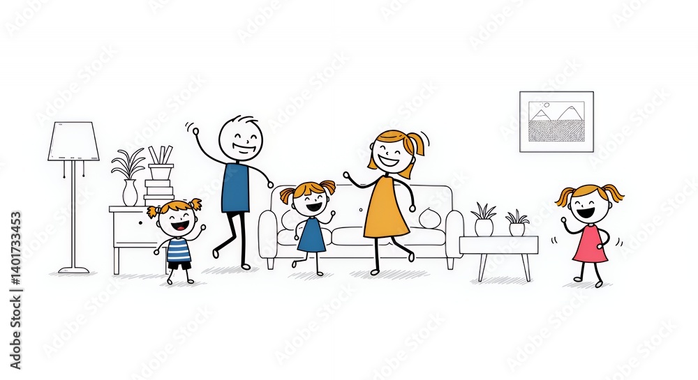 Happy Stick Figure Family Dance Party in White Living Room Happy Stick Figure Family Dance Party in White Living Room