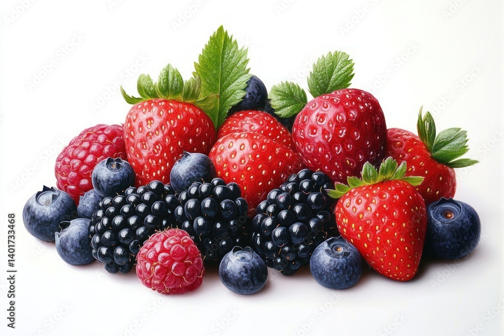 Assorted Berries Still Life with Dramatic Lighting on White Background Assorted Berries Still Life with Dramatic Lighting on White Background