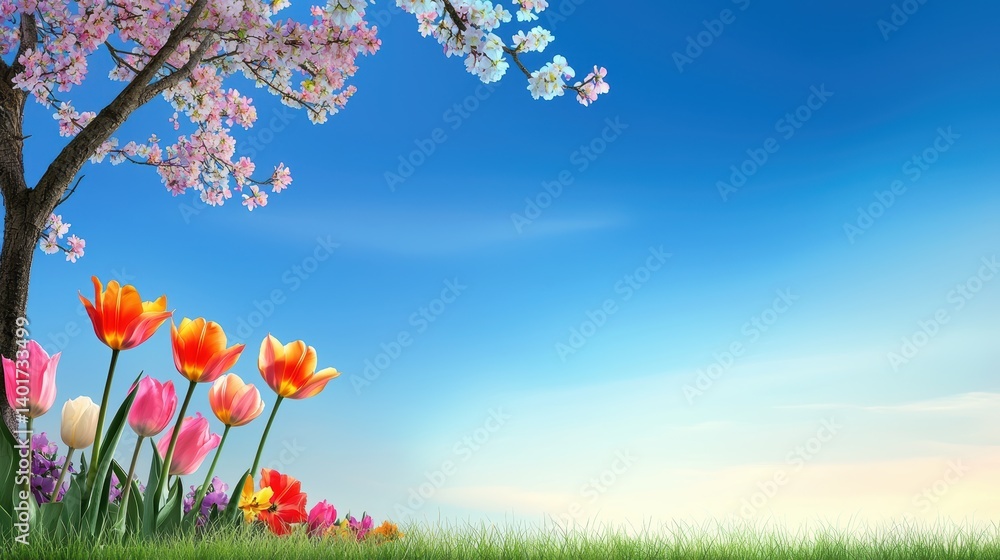 Fototapeta premium A scenic spring landscape with bright tulips, colorful blossoms, and clear blue skies, symbolizing the renewal and beauty of the season.