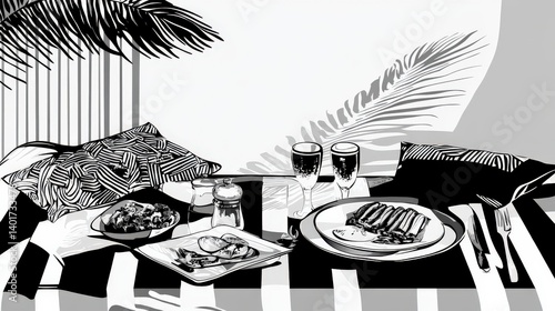 Elegant outdoor dining setup with gourmet dishes and drinks surrounded by tropical decor