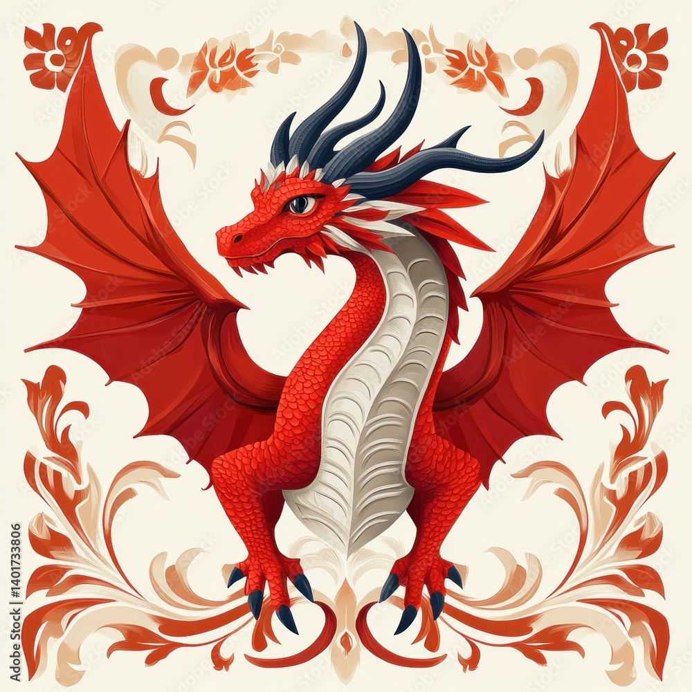 Red Welsh Dragon Emblem on White Background Celebrating British National Days and Holidays Red Welsh Dragon Emblem on White Background Celebrating British National Days and Holidays