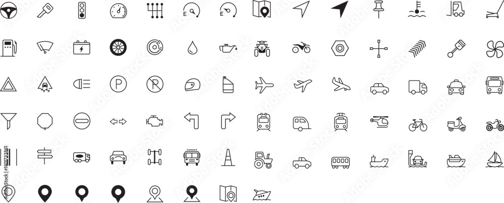 Navigation & Transport – Icon Pack. pack includes 100+ icons covering vehicles, signs, tools, and navigation systems — perfect for transport apps, GPS dashboards, automotive UI, and travel websites.