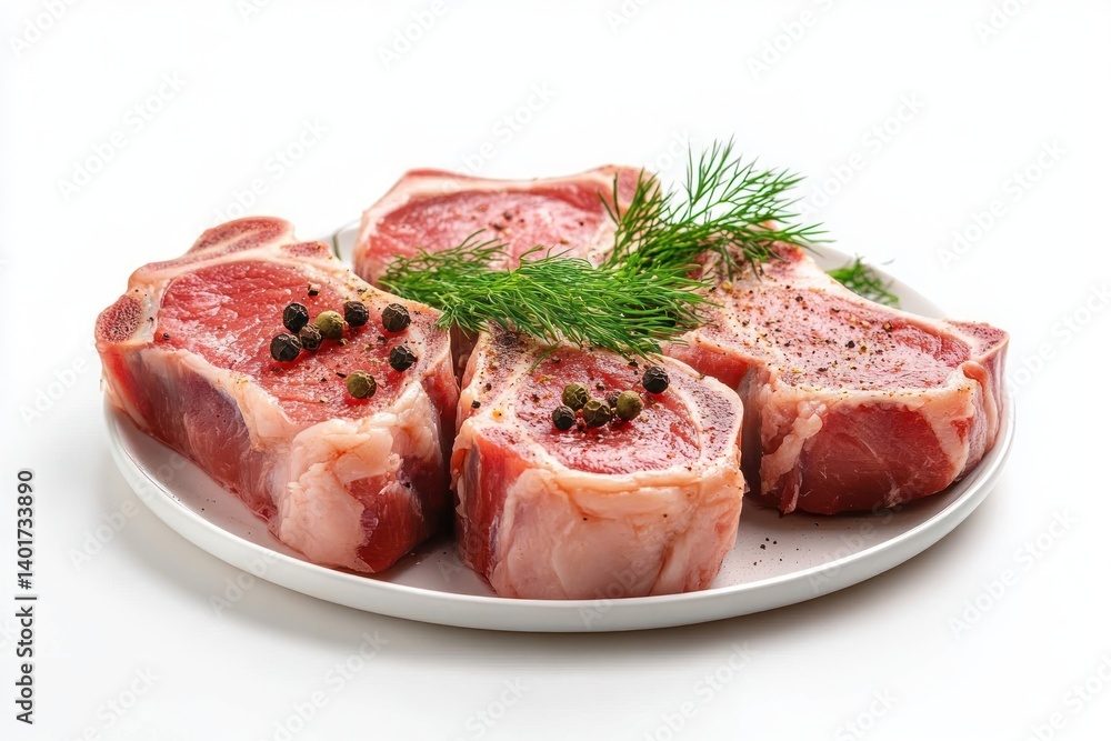 Fototapeta premium raw pork chops seasoned with peppercorns and dill on white background