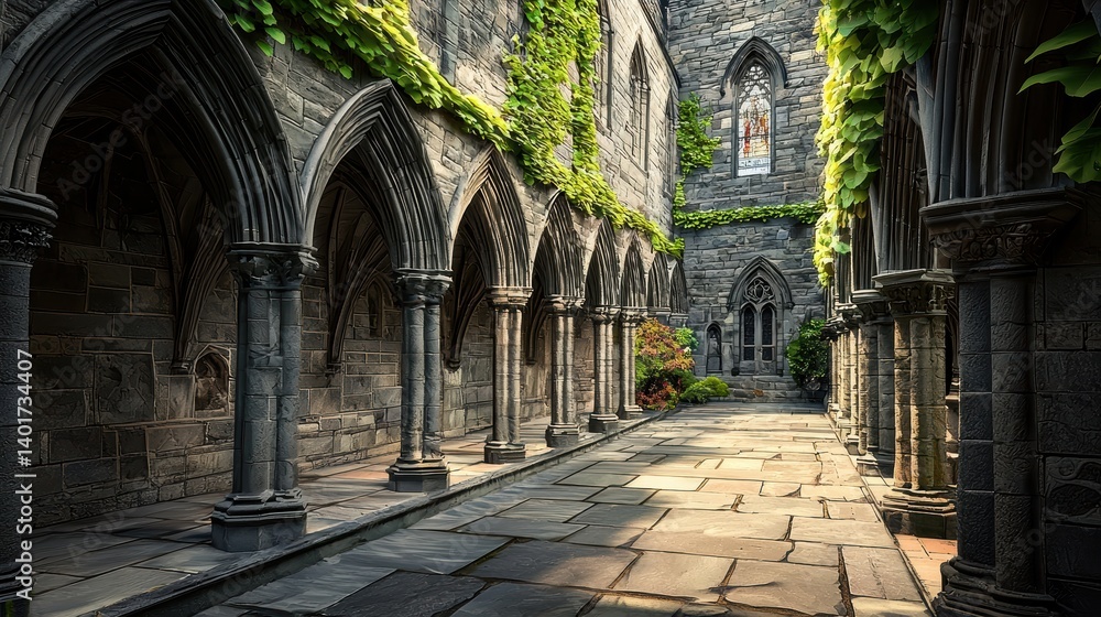 Fototapeta premium A Gothic cloister with pointed arches, detailed stone carvings, and ivy growing on the walls, reflecting the rich history and eerie beauty of medieval religious architecture.