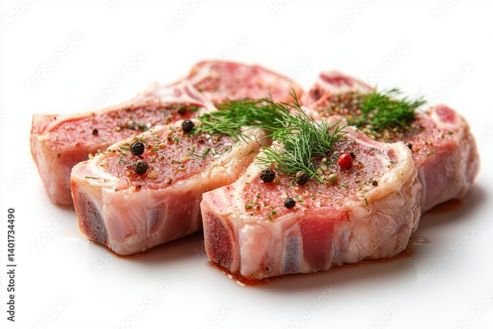 Raw Pork Chops Seasoned with Peppercorns and Dill on White Background Raw Pork Chops Seasoned with Peppercorns and Dill on White Background