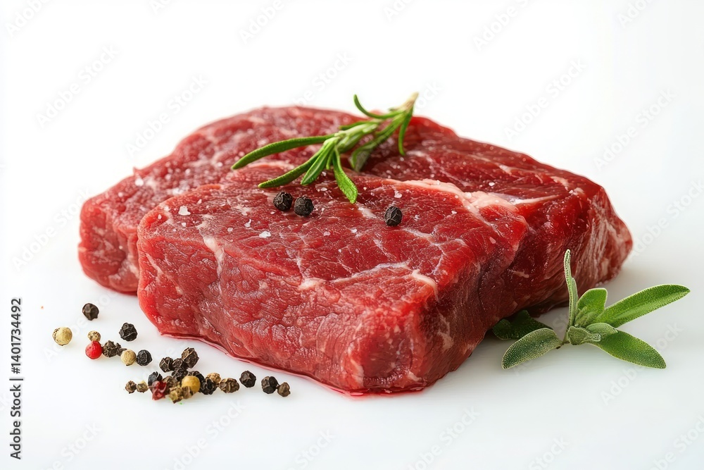 Raw Beef Still Life with Herbs and Pepper on White Background Raw Beef Still Life with Herbs and Pepper on White Background
