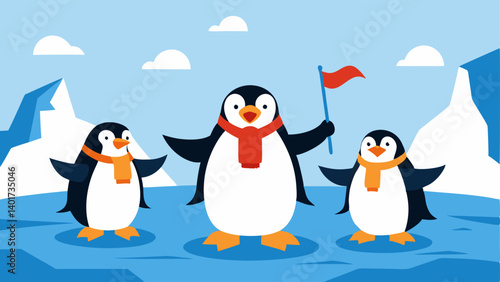 Penguin Fashion Show A group of penguins struts down a makeshift runway on an ice floe each showcasing unique colorful outfits made from seaweed shells and fish. One confident