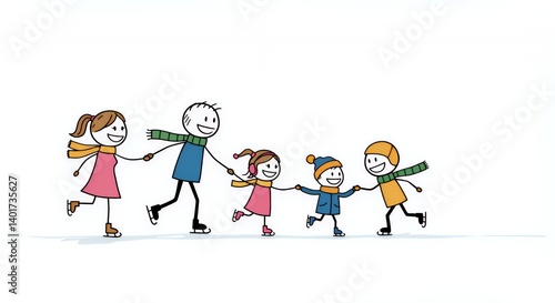 Stick Figure Family Ice Skating on White Background