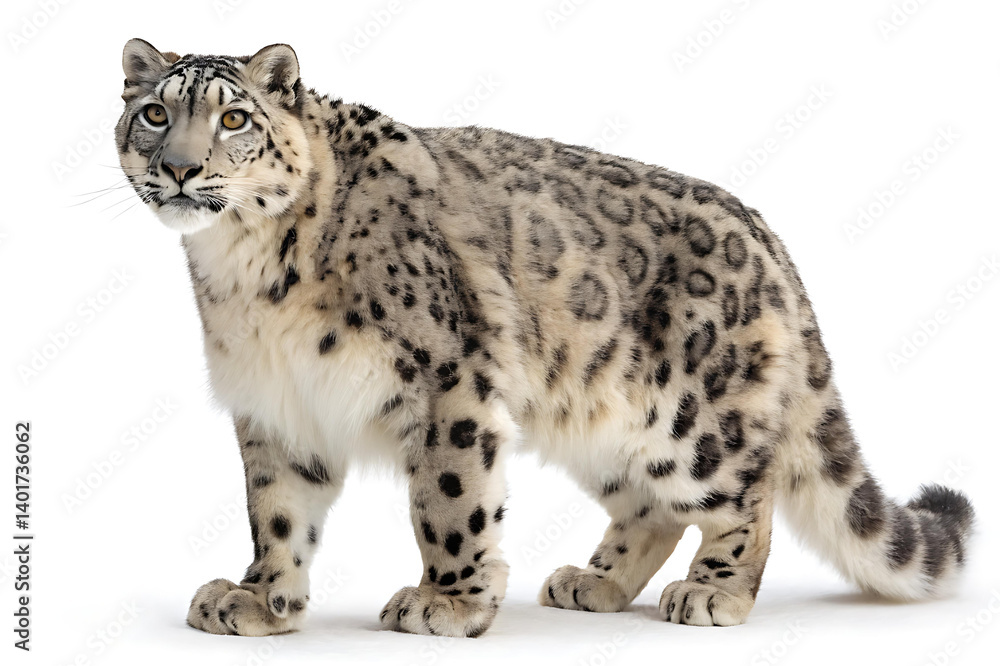 Naklejka premium Snow Leopard Standing Isolated on White Background