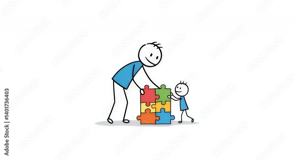 Stick Figure Father and Child Solving Colorful Puzzle on White Background Stick Figure Father and Child Solving Colorful Puzzle on White Background