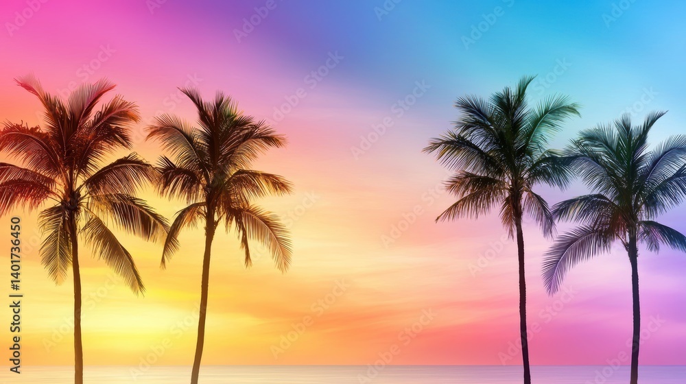 A silhouette of palm trees against a colorful sunset sky, perfect for a tropical-themed wallpaper with soft gradient hues. A silhouette of palm trees against a colorful sunset sky, perfect for a tropical-themed wallpaper with soft gradient hues.