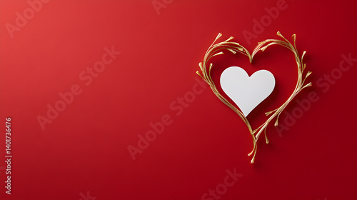 Heart shaped design with twigs and a white center on a vibrant red background, perfect for romantic themes and celebrations, love concept