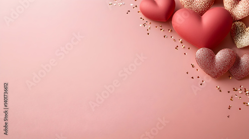 Colorful hearts scattered on a soft pink background for a romantic celebration love concept