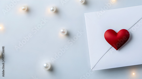 Red heart on white envelope surrounded by pearls and soft lights for romantic love letter concept