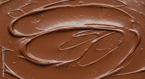 A top view shot of luscious chocolate cream elegantly spread on a clean white surface emphasizing its velvety texture and deep rich brown color