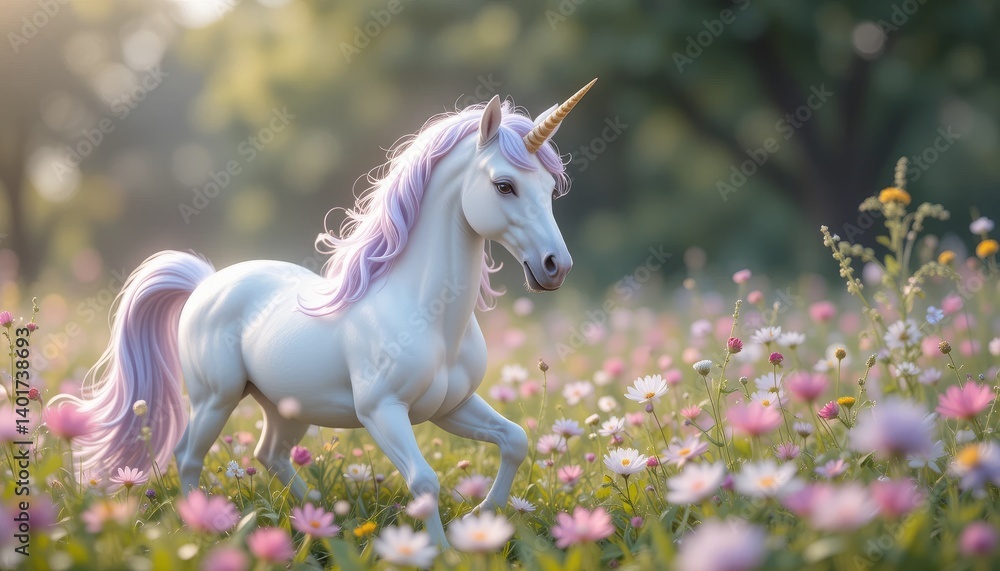 White Unicorn in a Flower Field at Golden Hour White Unicorn in a Flower Field at Golden Hour