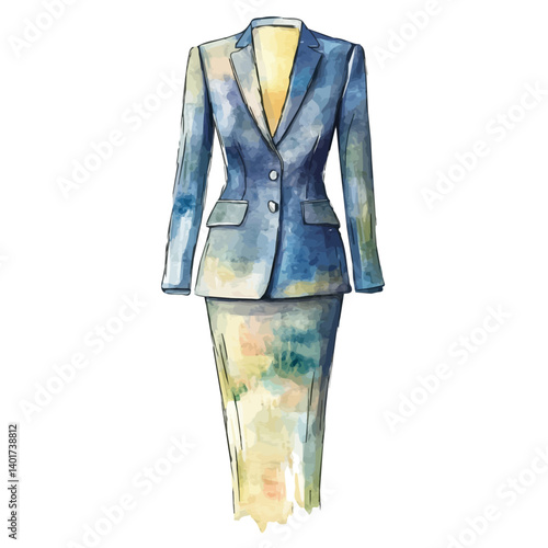 illustration of Tailored Skirt Suit With A Pencil Skirt, watercolor vector, isolated on a white background.