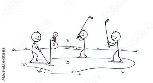 Stick Figures Playing Golf Sketch Illustration