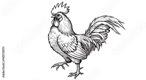 Rooster line art illustration grayscale