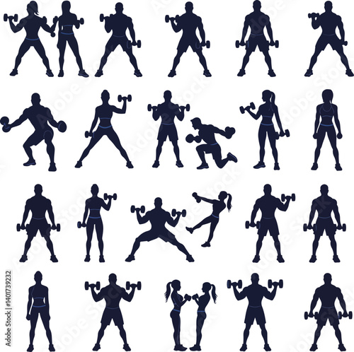 Set of Couple Fitness Silhouette Vector Illustrations in Various Poses