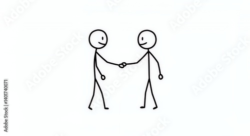 Two Black Stick Figures Shaking Hands on White Background