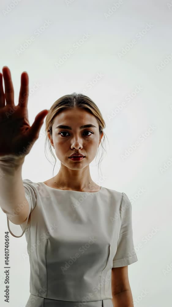 Young woman holds up hand gesturing stop or rejection in front of a bright white background with intentional studio lighting Young woman holds up hand gesturing stop or rejection in front of a bright white background with intentional studio lighting