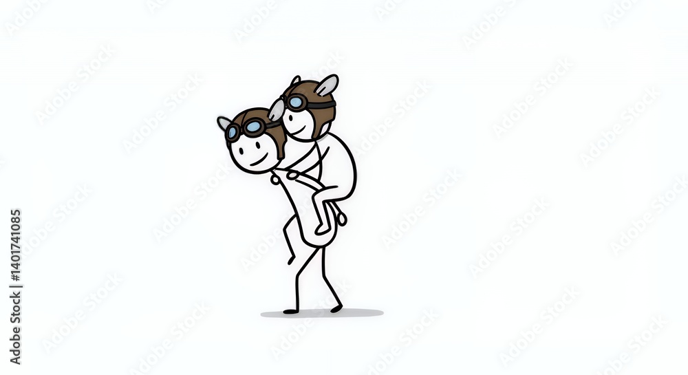 Fototapeta premium Two Stick Figures in Pilot Helmets on Piggyback Ride