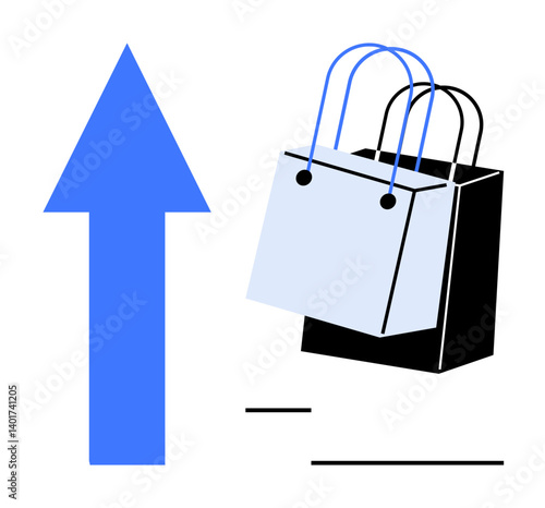 Bold blue upward arrow next to two shopping bags, representing the rise in e-commerce and retail sales. Ideal for business growth, e-commerce, retail, market trends, shopping, success, financial