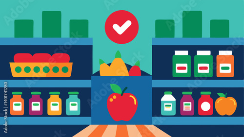 Grocery Store with AI Recommendations An illustration of a grocery store aisle where products highlight AIrecommended items suggesting optimal choices for a healthfocused diet.
