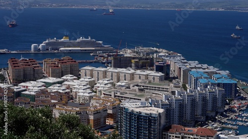 Cruise Ship Docking in Gibraltar Harbor with City Buildings in the Foreground