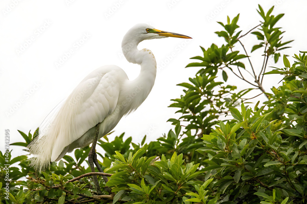 Great Egret Perched atop Green Foliage