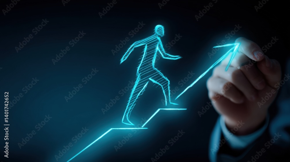 A concept image depicting the silhouette of a person climbing a set of glowing neon stairs symbolizing personal development career advancement and the pursuit of growth and success A concept image depicting the silhouette of a person climbing a set of glowing neon stairs symbolizing personal development career advancement and the pursuit of growth and success