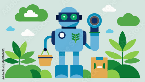NatureInspired Search Engine A robot with binoculars scanning a landscape filled with ecofriendly products like bamboo items and hemp bags showcasing its focus on finding