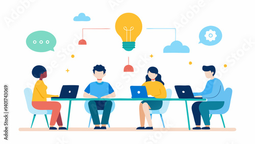 Office Collaborative Space A shared workspace where lights change from bright to soft as team members gather for brainstorming sessions. Floating icons depict changes based on the