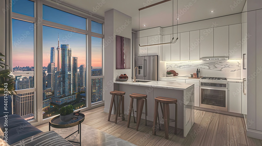 Obraz premium A modern urban condo kitchen and living space with city views.