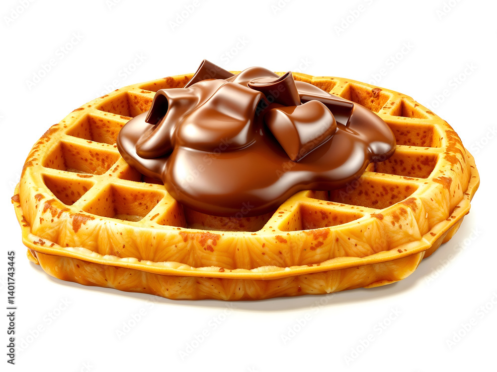 Belgian waffle topped with melted chocolate, ideal for dessert or breakfast themes. Generative AI