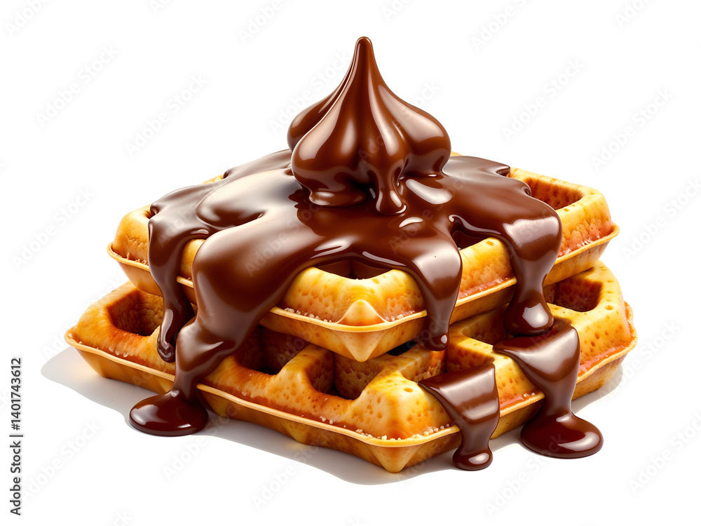 Belgian waffle topped with melted chocolate, ideal for dessert or breakfast themes. Generative AI