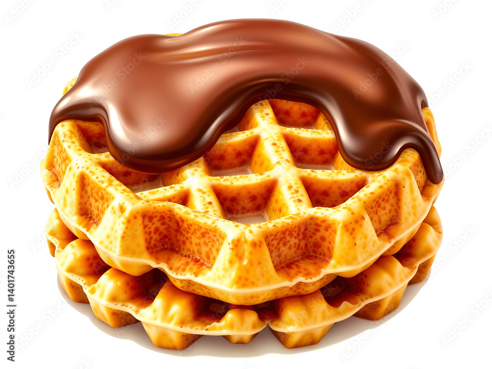 Belgian waffle topped with melted chocolate, ideal for dessert or breakfast themes. Generative AI