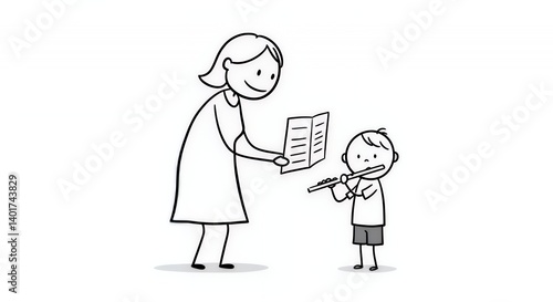 Mother Teaching Child Flute: Black And White Stick Figure Sketch