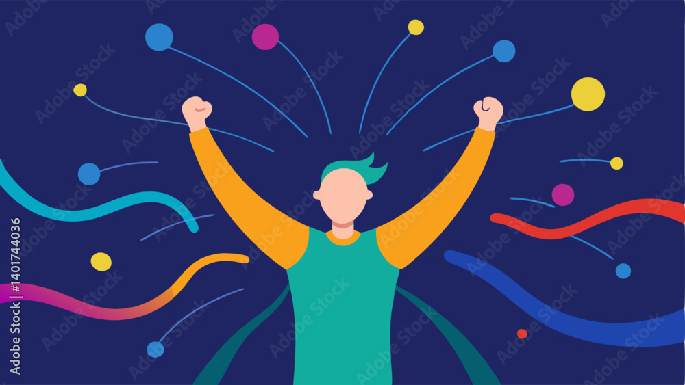 Success Visualization A person standing confidently with raised arms surrounded by swirling lines of different colors that depict positive brainwave activity.