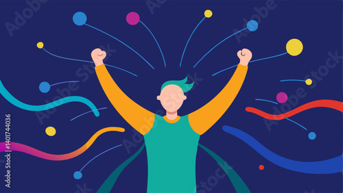 Obraz na płótnie Success Visualization A person standing confidently with raised arms surrounded by swirling lines of different colors that depict positive brainwave activity. w salonie