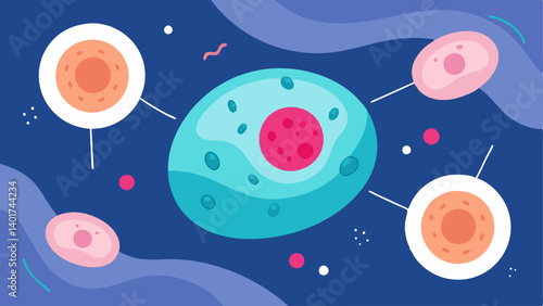 Microscope View An illustration of a magnified view of skin cells with exosomes interacting with them depicting a dynamic process of regeneration at a cellular level.
