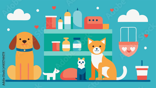 Pet Supply Store A fun pet supply store with various pet food toys and accessories on sale happy pet owners and playful pets interacting with the products.