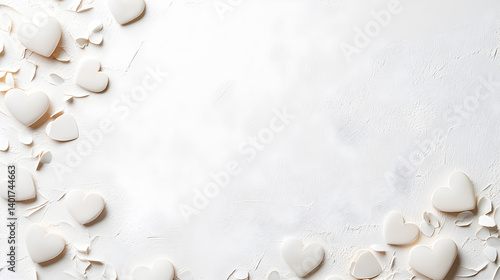 White heart-shaped stones arranged on a light background creating a romantic atmosphere for love and affection, perfect for Valentine's Day or wedding celebrations, love concept