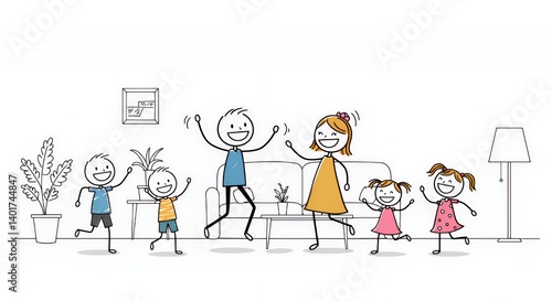 Stick Figure Family Dance Party in White Living Room