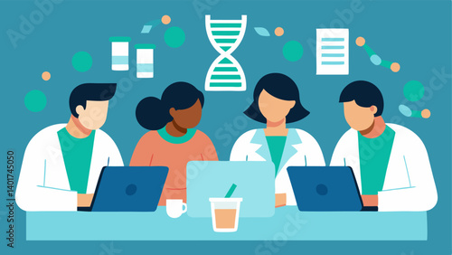 Team Collaboration A group of diverse scientists huddling around a table filled with tablets and laptops discussing geneediting strategies with DNA models projected above them.