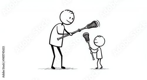 Stick Figure Father Teaching Child Lacrosse on White Background