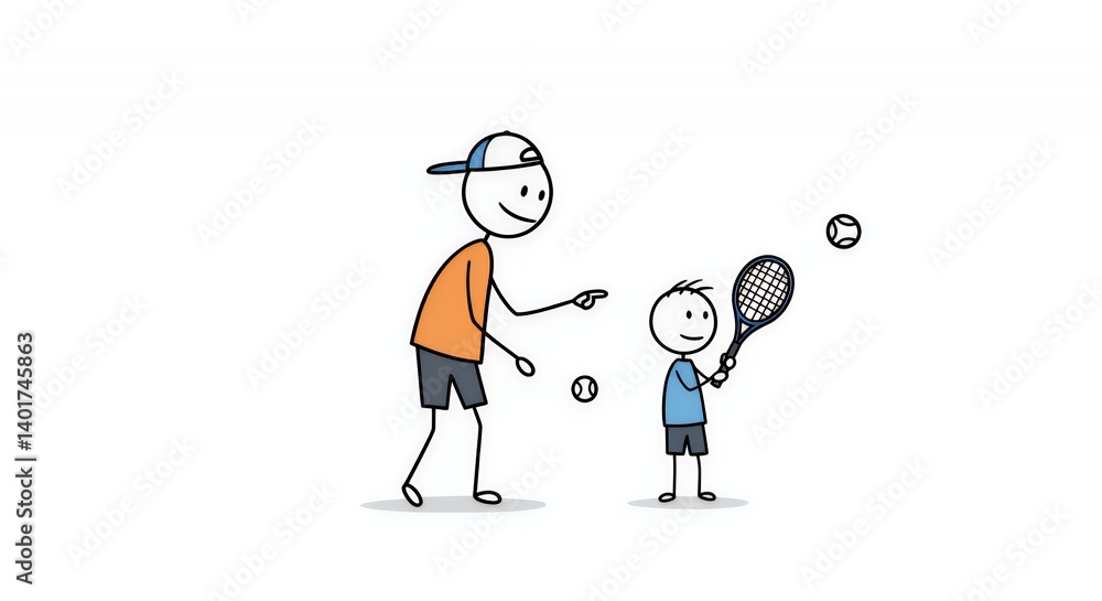 Stick Figure Father Teaching Son Tennis on White Background Stick Figure Father Teaching Son Tennis on White Background