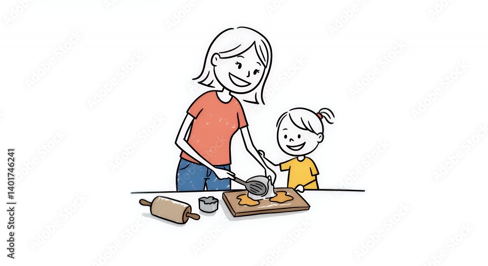 Stick Figure Mom and Child Baking Together on White Background Stick Figure Mom and Child Baking Together on White Background